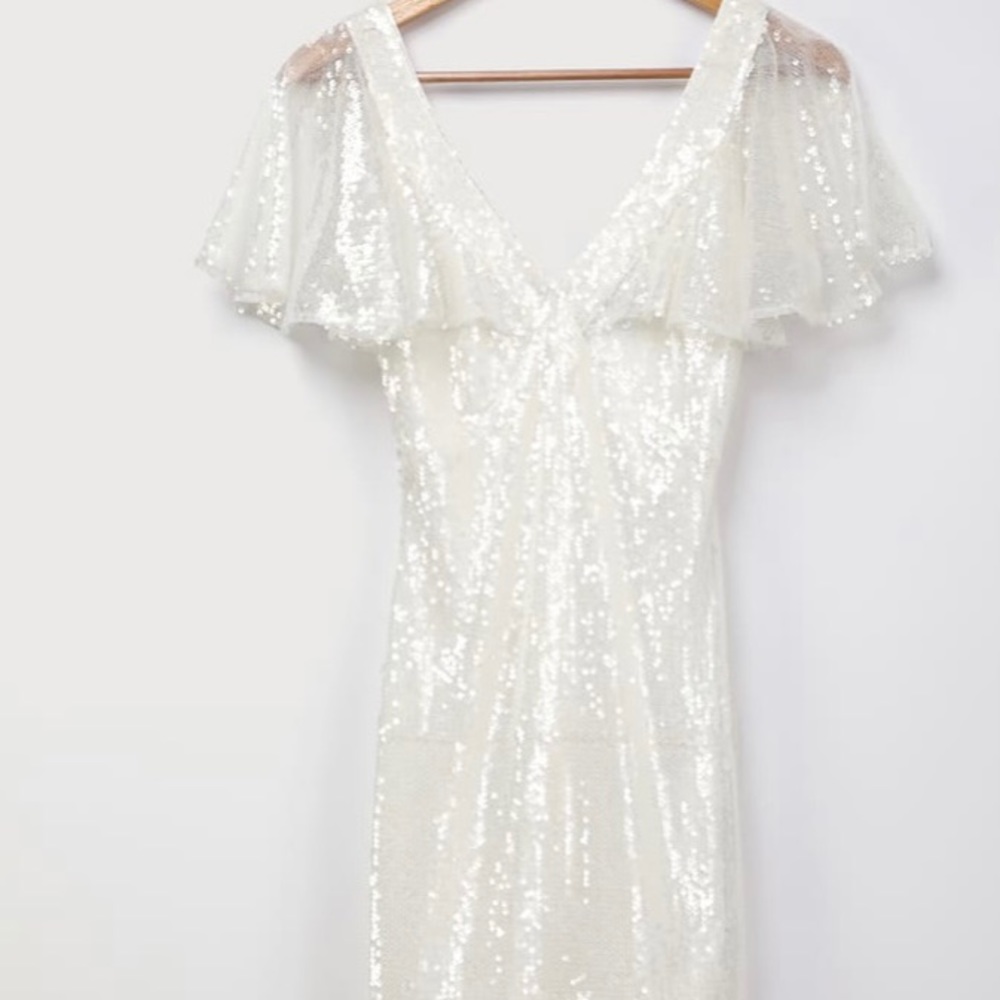Maximum Sparkle White Sequin Flutter Sleeve Midi … - image 7